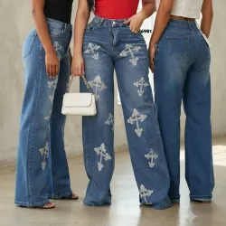 Pantalón de Corte Holgado con Relieve en Cruz de Piedras 