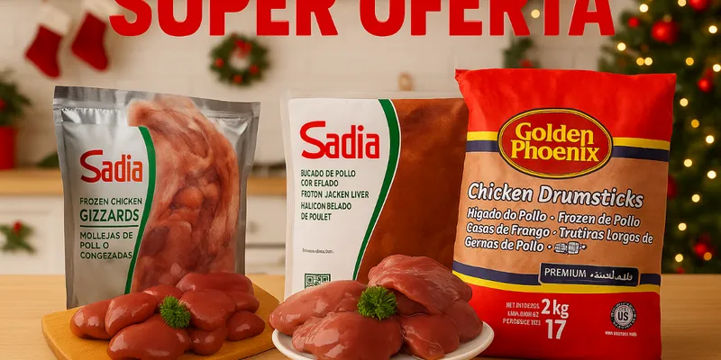 Paquete de muslos de pollo de 2 kg, paquete de molleja de pollo de 1 kg y paquete de hígado de pollo de 1 kg