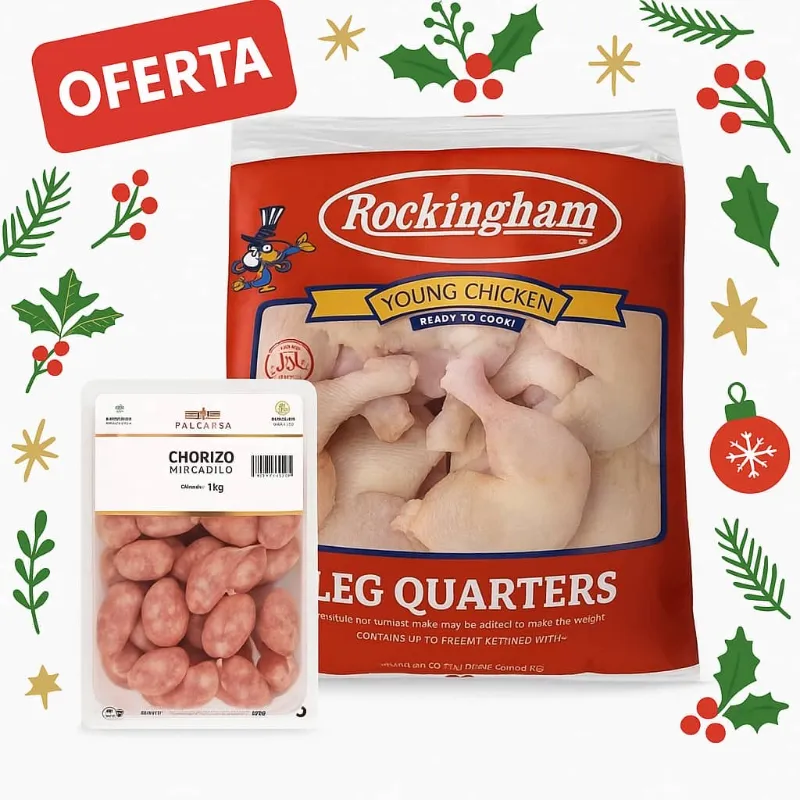 Paquete de pollo de muslos contra muslo de 10 lb y paquete de chorizo de exportación de 1 kg