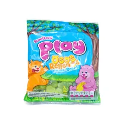 Gomitas sabores a banano, fresa, mora azul rellenas con líquido sabor a fresa (55 g / 1.94 oz)