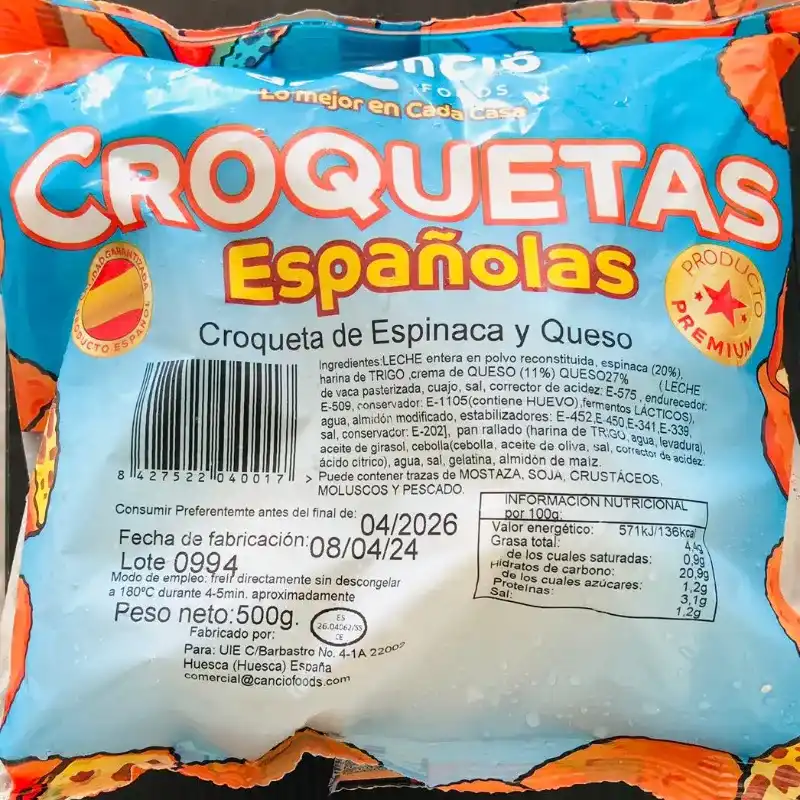 Croquetas Españolas de Espinaca y Queso 500g