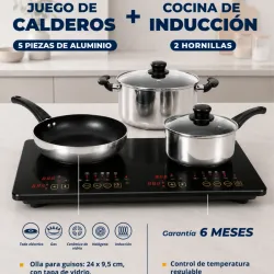 Juego de calderos + cocina de inducción 2 hornillas