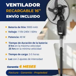 Ventilador recargable de pedestal 16" Marca EKO