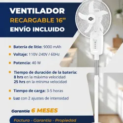 Ventilador recargable de pedestal 16" Marca EKO