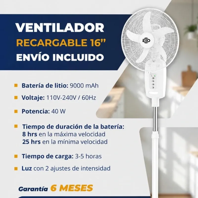 Ventilador recargable de pedestal 16" Marca EKO
