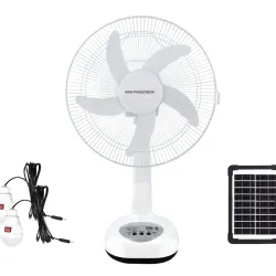 Ventilador Premier solar 16" de mesa, 5 aspas, blanco, recargable
