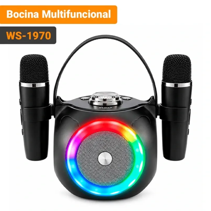 Bocina Multifuncional WS-1970 - Parlante Karaoke 20 W con 2 Micrófonos y Luz LED RGB