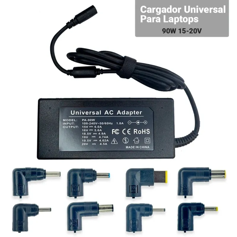 Cargador Universal Para Laptop 90W - Compatible con HP, Asus, Lenovo, Dell, Acer y más | 8 Puntas Intercambiables 18.5V / 19V /