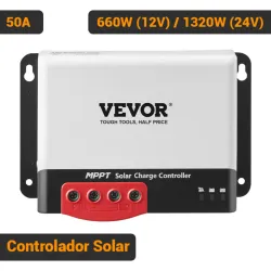 Controlador Solar MPPT VEVOR 50A 660W (12V) / 1320W (24V) 98% Eficiencia 12V/24V Con Bluetooth Regulador de Carga Negr