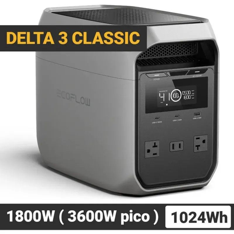 EcoFlow DELTA 3 Classic con 1024Wh, 1800W - Pico 3600W, Carga Rápida y Batería LiFePO Estación de Energía Portátil
