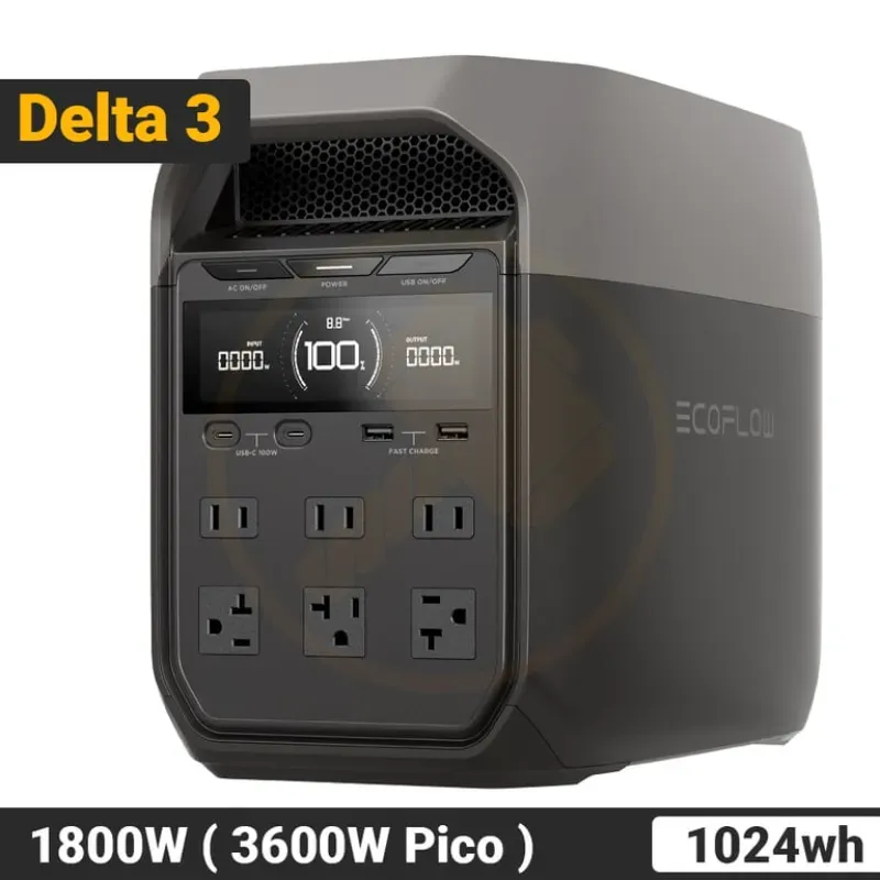 EcoFlow DELTA 3 con 1024Wh, 1800W - Pico 3600W, Carga Rápida y Batería LiFePO Estación de Energía Portátil