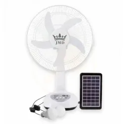 JMD Ventilador Recargable Solar y Por Corriente Directa, de 12". Incluye dos Focos Led y Cable Para Cargar Celular. JD-SF-12