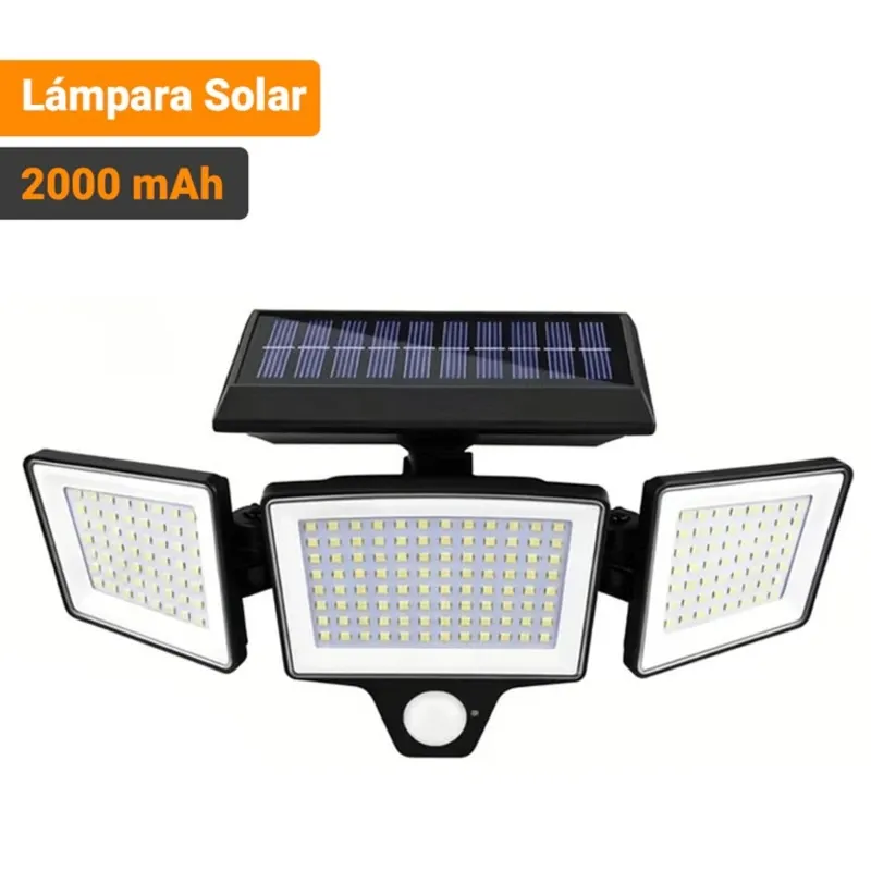 Lámpara Solar Exterior Con Sensor De Movimiento 3 Cabezales Ajustables IP65 Para Seguridad