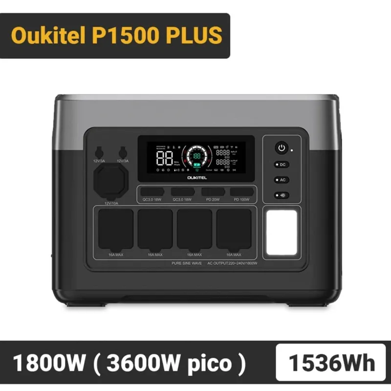 OUKITEL P1500PLUS Con 1536Wh, 1800W - Pico 3600W, Carga Rápida y Batería LiFePO4 Estación de Energía Portátil