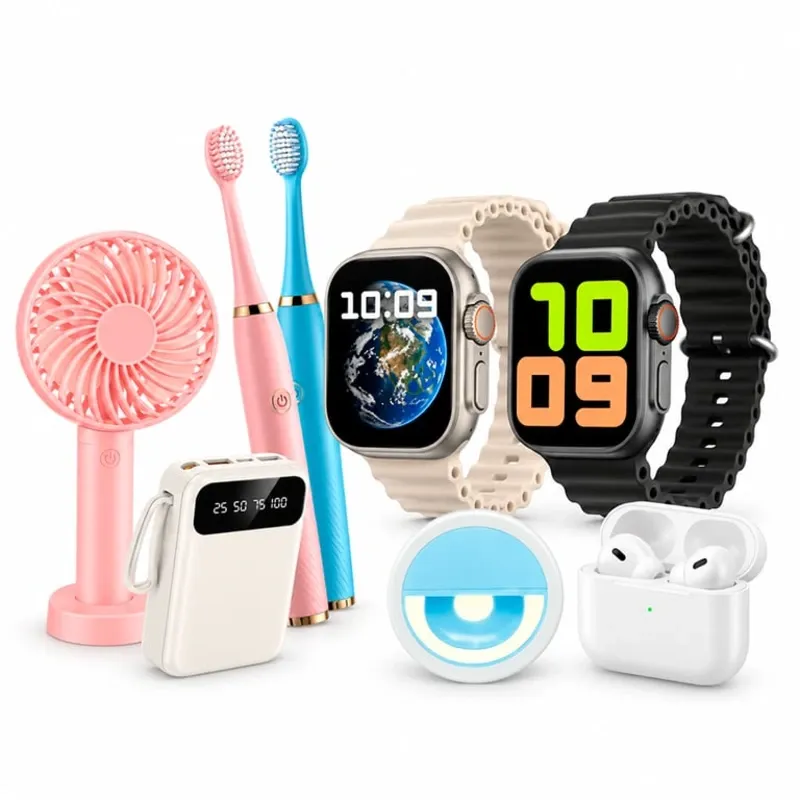 Set de 5 Artículos Tecnológicos de Uso Diario - Reloj Inteligente, Abanico, Cepillo Eléctrico, Banco de Energía y Auriculares
