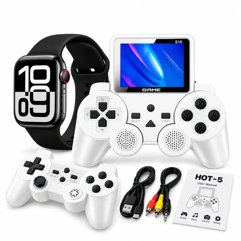 Set Hot - 5, Consola de Juegos Retro S10 con Smartwatch AMOLED - 520 Juegos, 1 Control y Conexión a TV