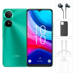 Teléfono Alcatel 3, 3GB + 6GB Ram, Total 9GB Ram, 64GB Almacenamiento, Con Cover, Mica y Audífonos - Verde Azulado