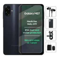 Teléfono Samsung Galaxy M07 M075F 4Gb Ram, 64Gb Almacenamiento, Con Cover, Mica y Audífonos - Negro