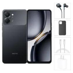Teléfono Tecno Spark Go 3, 4GB Ram + 4GB Virtual, Total 8GB Ram, 64Gb, Con Cover, Mica y Audífonos - Negro