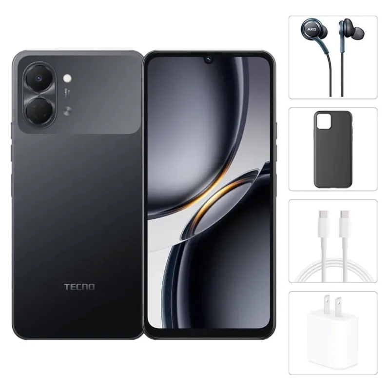 Teléfono Tecno Spark Go 3, 4GB Ram + 4GB Virtual, Total 8GB Ram, 64Gb, Con Cover, Mica y Audífonos - Negro