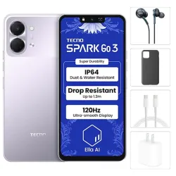 Teléfono Tecno Spark Go 3, 4GB Ram + 4GB Virtual, Total 8GB Ram, 64Gb, Con Cover, Mica y Audífonos - Púrpura