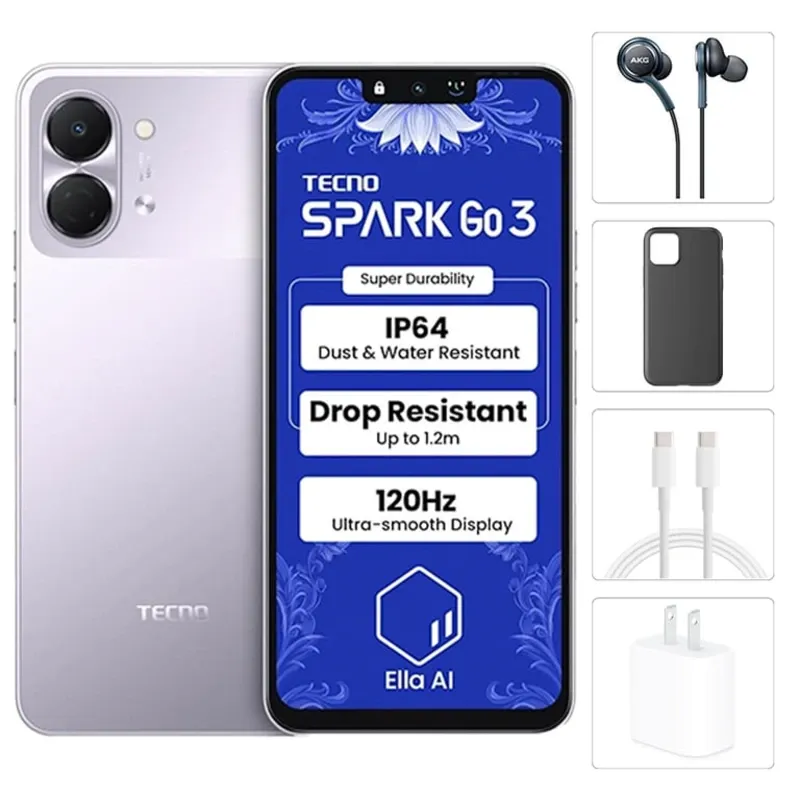 Teléfono Tecno Spark Go 3, 4GB Ram + 4GB Virtual, Total 8GB Ram, 64Gb, Con Cover, Mica y Audífonos - Púrpura