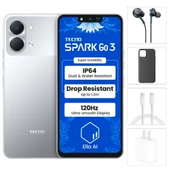 Teléfono Tecno Spark Go 3, 4GB Ram + 4GB Virtual, Total 8GB Ram, 64Gb, Con Cover, Mica y Audífonos - Titanium