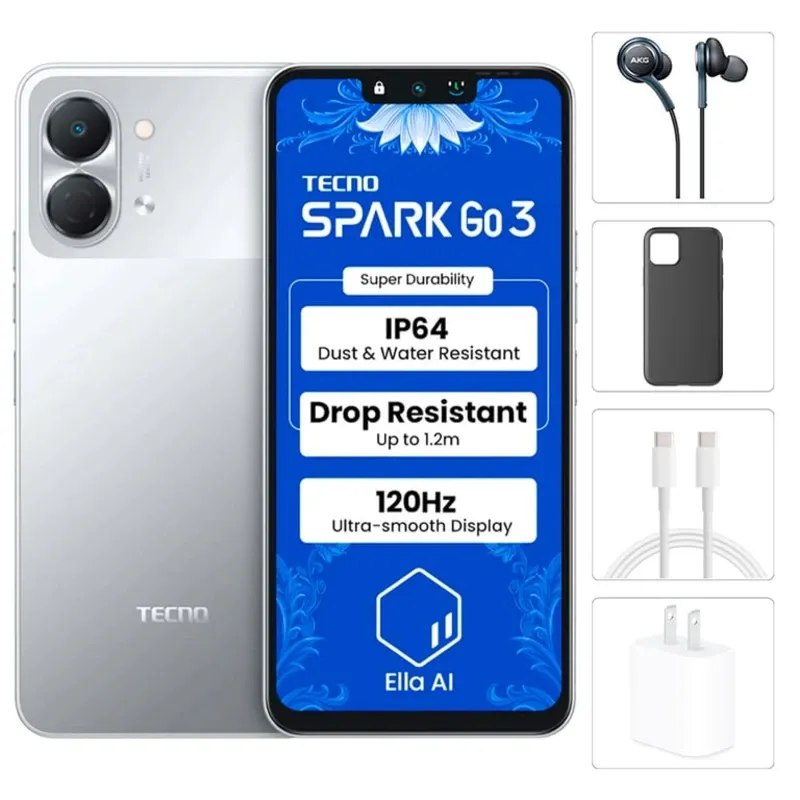 Teléfono Tecno Spark Go 3, 4GB Ram + 4GB Virtual, Total 8GB Ram, 64Gb, Con Cover, Mica y Audífonos - Titanium