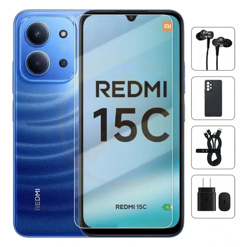 Teléfono Xiaomi Redmi 15C, 4Gb Ram + 4Gb virtual, Total 8Gb, 128Gb Almacenamiento, Con Cover, Mica y Audífonos - Azul