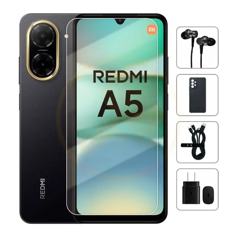 Teléfono Xiaomi Redmi A5, 3Gb Ram + 3Gb virtual,Total 6Gb, 64Gb Almacenamiento, Con Cover, Mica y Audífonos - Negro