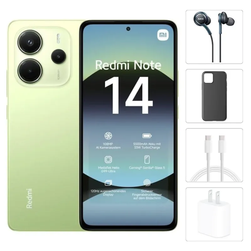 Teléfono Xiaomi Redmi Note 14, 8Gb Ram, 256Gb Almacenamiento, Con Cover, Mica y Audífonos - Verde
