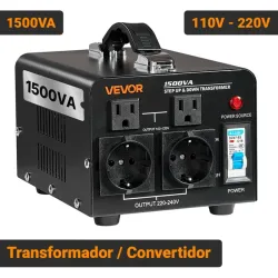 Transformador Convertidor de Voltaje VEVOR 1500VA 110V-220V Step Up Down Compacto Negro