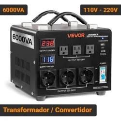 Transformador Convertidor de Voltaje VEVOR 6000VA 110V-220V Step Up Down Compacto Negro