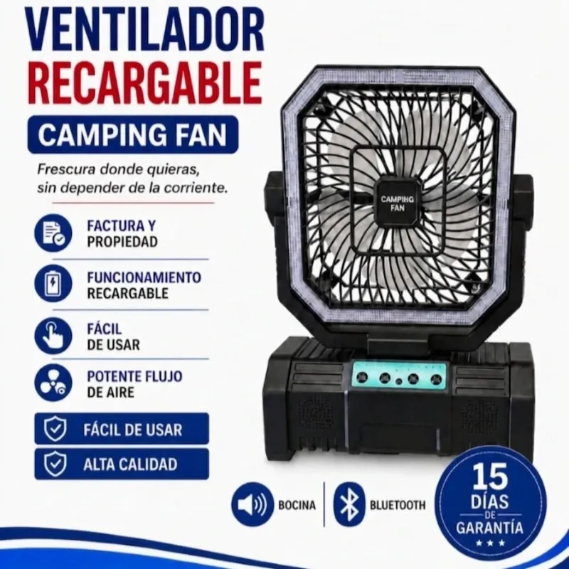 Ventilador de Camping Multifunción Hexagonal 20000mAh - Con Altavoz Bluetooth y Luz LED