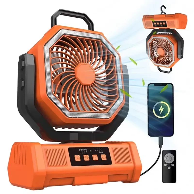 Ventilador Recargable Chenxi F39 con Batería de 20000 mAh, Luz LED, 4 Velocidades y Salida USB Naranja