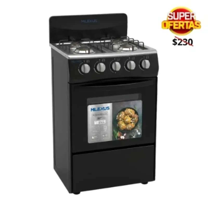 COCINA DE GAS 20" NEGRA CON HORNO Y 4 QUEMADORES
