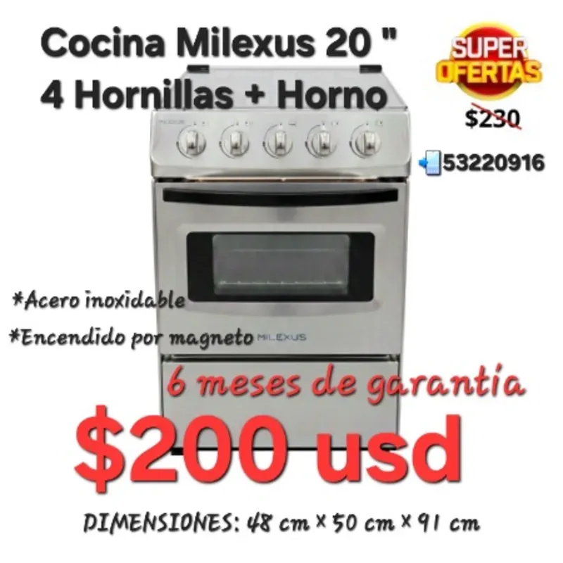 Cocina Milexus 20". 4 Hornillas + Horno