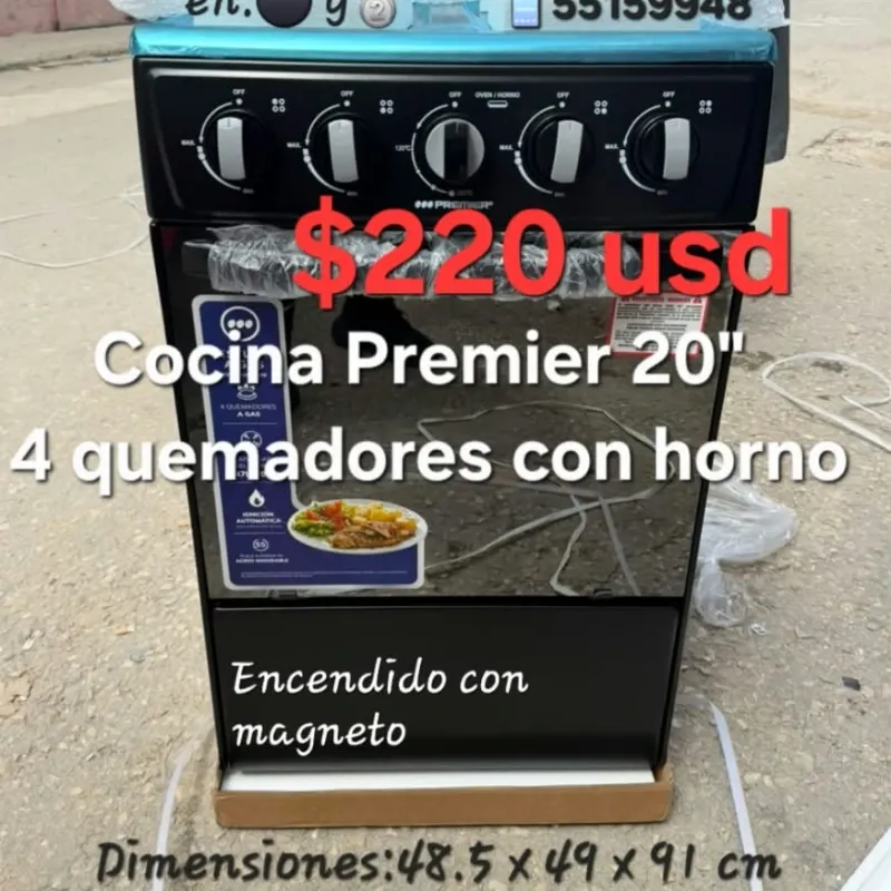 Cocina PREMIER 20'' con 4 hornillas y horno a gas