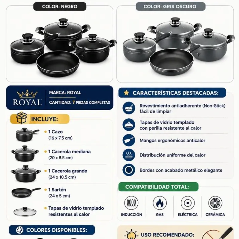 SET DE OLLAS ANTIADHERENTES ROYAL PARA INDUCCIÓN (7 PIEZAS)