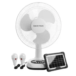 VENTILADOR RECARGABLE DE MESA CON PANEL SOLAR Y 2 BOMBILLOS NEXTEK