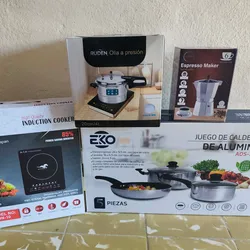 Combo de hornilla de inducción +juego de calderos y sartén + olla de 3 válvula + cafetera 