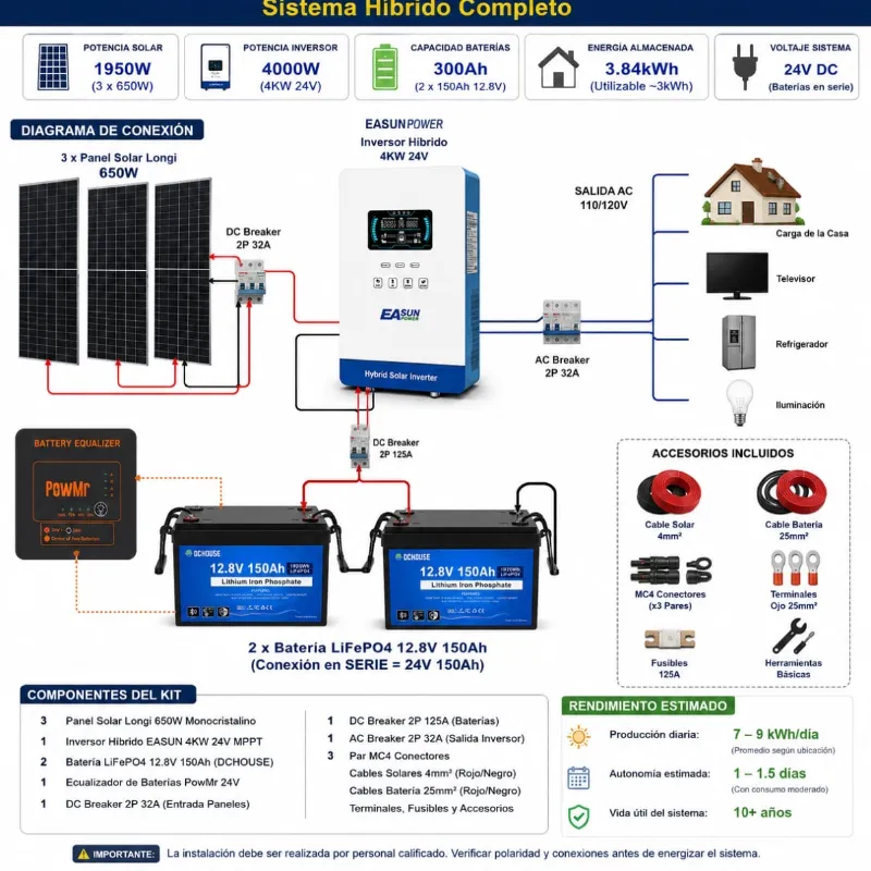 KIT CON TODO PARA LLEGAR E INSTALAR. * Inversor hibrido 4KW  * 2 Batería 12v 150 amp Inteligente  * Caja de Breakes con todas las protecciones(Breakes Ac 32 y 40ah, Breakes Dc 25 y 125ah, Supresor Dc y Protector de líneas) * 3 paneles de 650 w bifaciales. * 4 parejas de conectores mc4. * 20m d cable  solar