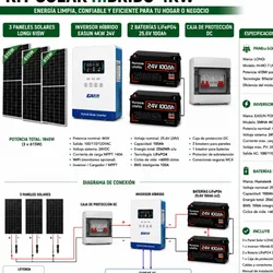 ⚡⚡⚡KIT CON TODO PARA LLEGAR E INSTALAR. * Inversor hibrido 4KW Almacenamiento de 5.1Kh y 1.8Kh en Paneles Total en el Dia 7Kh * 2 Batería 25.6v 100 amp  * Caja de Breakes con todas las protecciones(Breakes Ac 32 y 40ah, Breakes Dc 25 y 125ah, Supresor Dc y Protector de líneas) * 3 paneles de 615 w bifaciales Longy  * 4 parejas de conectores mc4. * 20m d cable solar. Ya con Montaje Incluido