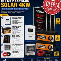 ⚡⚡⚡KIT CON TODO PARA LLEGAR E INSTALAR. * Inversor hibrido 4KW Almacenamiento de 7.1Kh y 1.75 Kh en Paneles Total en el Dia 8.8Kh * 2 Batería 12.8v 280 amp  * Caja de Breakes con todas las protecciones(Breakes Ac 32 y 40ah, Breakes Dc 25 y 125ah, Supresor Dc y Protector de líneas) * 3 paneles de 585 w bifaciales * 4 parejas de conectores mc4. * 20m d cable solar. Ya con Montaje Incluido