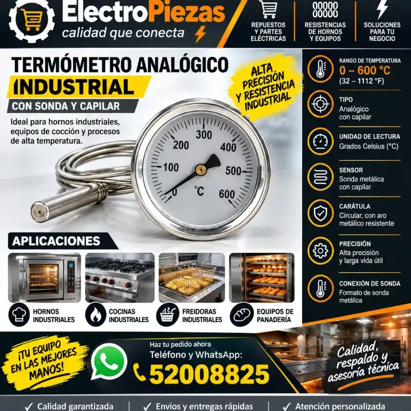 Termómetro analógico de capilar (lectura remota) diseñado para medir temperaturas de hasta 600°C.