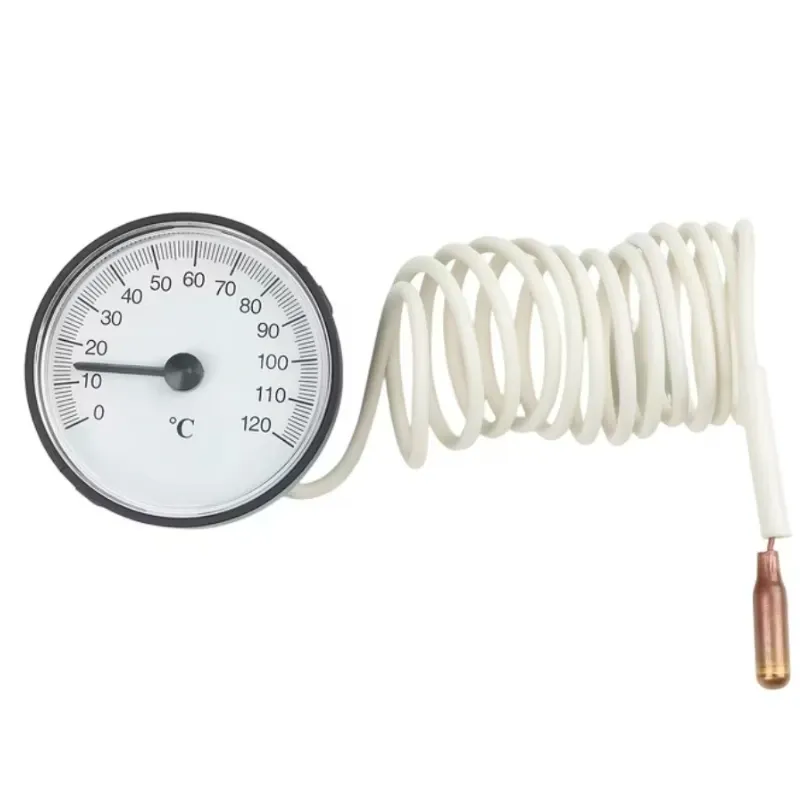Termómetro analógico de capilar para hornos y equipos de cocina industrial, con escala de 0 a 120 °C y carátula de aproximadamente 5,5 cm (2,17 pulgadas).