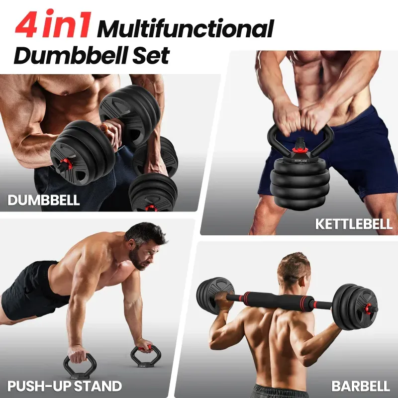 Juego de Mancuernas Ajustables 5 en 1 de 55 LB – Set Multifuncional con Barra, Kettlebell y Push-Up (Bajo Pedido)