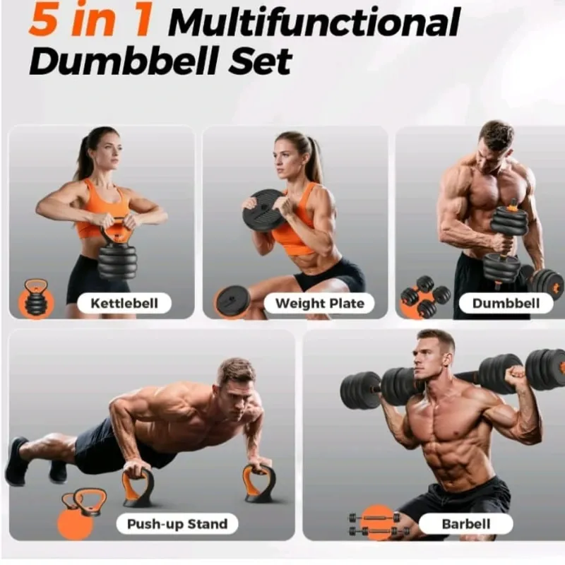 Set de Mancuernas Ajustables 5 en 1 de 50 LB – Set Multifuncional de Pesas para Gimnasio en Casa – Mancuernas, Barra, Kettlebell, Soporte para Flexiones y Discos