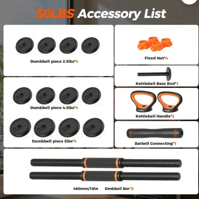 Set de Mancuernas Ajustables 5 en 1 de 50 LB – Set Multifuncional de Pesas para Gimnasio en Casa – Mancuernas, Barra, Kettlebell, Soporte para Flexiones y Discos