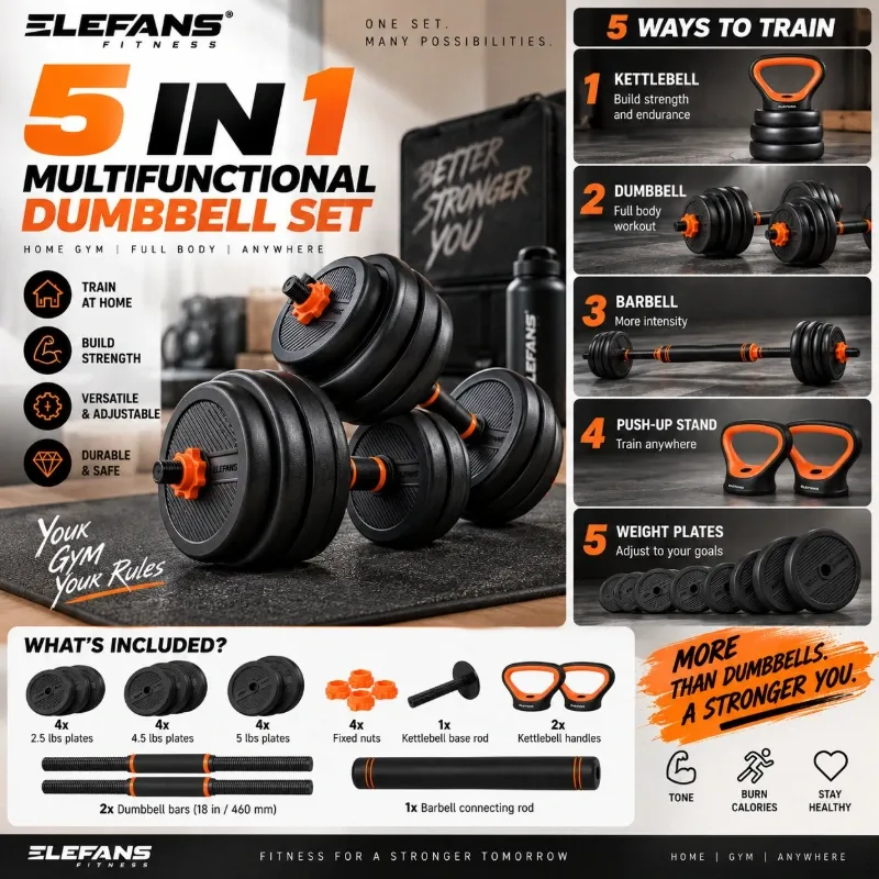Set de Mancuernas Ajustables 5 en 1 de 50 LB – Set Multifuncional de Pesas para Gimnasio en Casa – Mancuernas, Barra, Kettlebell, Soporte para Flexiones y Discos